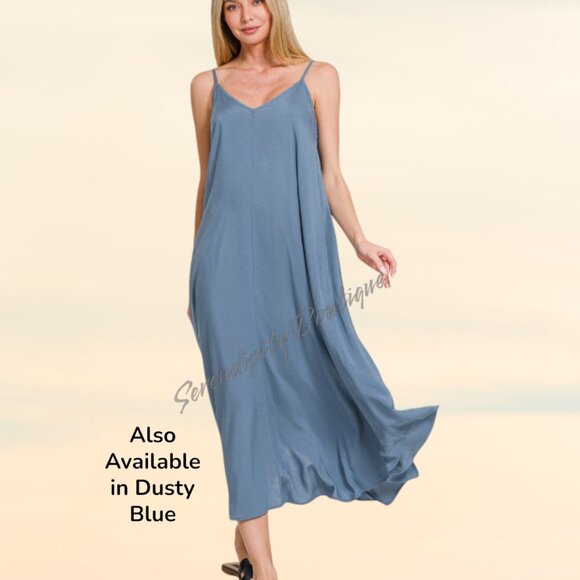 Effortlessly Classy Casual Everyday Cami Strap Swing Flowy Tea Length Dress - Picture 4 of 7
